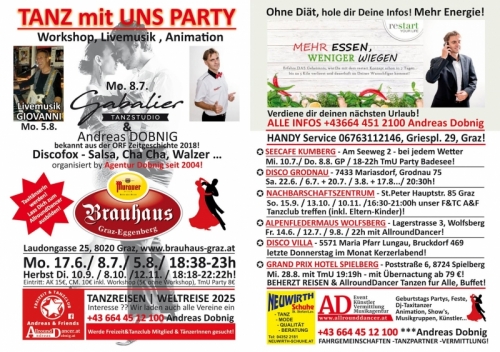 Brauhaus Graz Eggenberg Montag 8.7.u. 5.8 von 18.38-23h u. Di 10.9. -12.11.Tanz mit uns Party AllroundDancer Infos +436644512100
