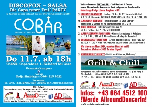 CoBar Copacabana Do 11.7. von 18-23h Salsa trifft Discofox u.Italienische Nacht mit AllroundDancer Sa.10.8.19 Infos +4366445100