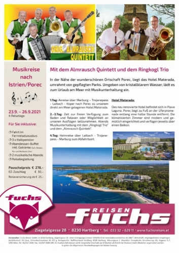 Fuchs Musikreise 23.9.21 – 26.9.21 dabei AllrounddDancer Andreas mit Kennwort anmelden Info 06644512100