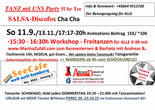 Seecafe Kumberg 11.9.22 ab 14h mit Marina Zufall  Freitanzen und Andreas Dobnig AllroundDancer Info 06644512100 Salsa Discofox 