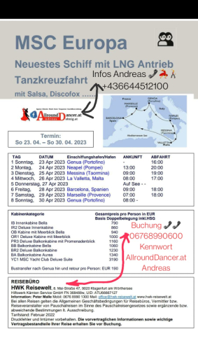 Tanzkreuzfahrt 23.4.2023 mit HWK Reisewelt Info +436644512100 ins westliche Mittelmeer mit der MSC  Kreuzfahrt Salsa bis Discofo
