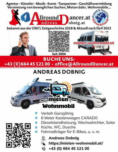 Visitenkarten AllroundDancer u. Mieten-Wohnmobil.at Info  +436644512100 Buche Taxitänzer bei AllroundDancer Dobnig Andreas 