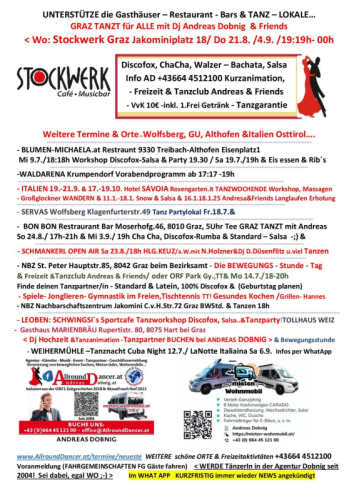 Stockwerk 21.8.25  ab 19:19h mit vielen Lokalen ab Juli GRAZ TANZT Info 06644512100