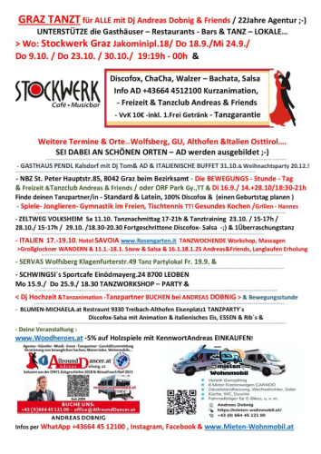 Stockwerk 9.10. ab 19:19h NBZ u. Schwingsis LEOBEN OKT.  mit vielen Lokalen GRAZ TANZT Info 06644512100
