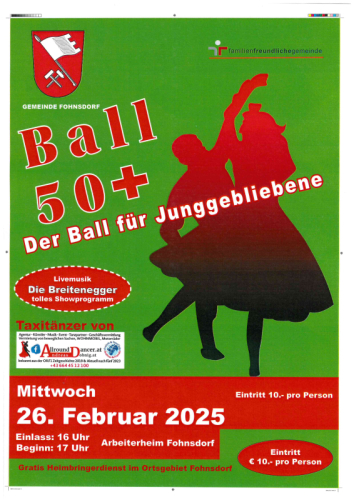 Fohnsdorf Mi  26.2.25/17-23h  Ball 50 im Arbeiterheim!Heimgasse 4, 8753 Fohnsdorf  mit AllroundDancer Taxitanzer Info 066445121